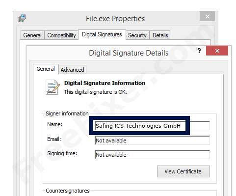Screenshot of the Safing ICS Technologies GmbH certificate